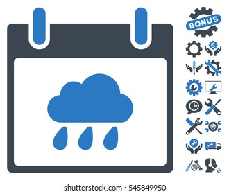 Rain Cloud Calendar Day icon with bonus configuration icon set. Vector illustration style is flat iconic symbols, smooth blue, white background.