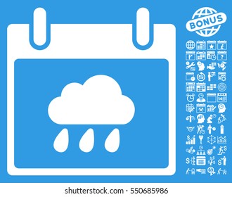 Rain Cloud Calendar Day icon with bonus calendar and time management clip art. Vector illustration style is flat iconic symbols, white, blue background.