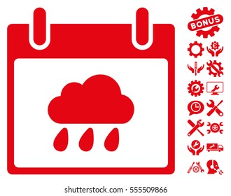 Rain Cloud Calendar Day icon with bonus settings graphic icons. Vector illustration style is flat iconic symbols, red, white background.