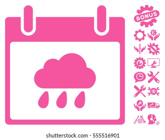 Rain Cloud Calendar Day icon with bonus setup tools pictograms. Vector illustration style is flat iconic symbols, pink, white background.