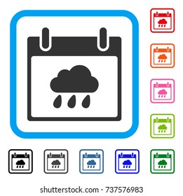 Rain Cloud Calendar Day icon. Flat grey pictogram symbol inside a light blue rounded frame. Black, gray, green, blue, red, orange color variants of Rain Cloud Calendar Day vector.
