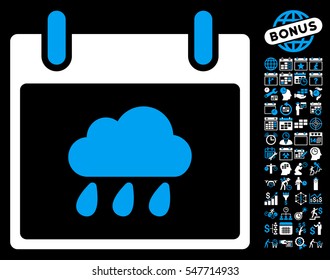 Rain Cloud Calendar Day pictograph with bonus calendar and time management icon set. Vector illustration style is flat iconic symbols, blue and white, black background.