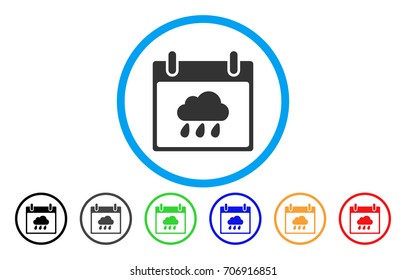 Rain Cloud Calendar Day vector rounded icon. Image style is a flat gray icon symbol inside a blue circle. Bonus color variants are gray, black, blue, green, red, orange.