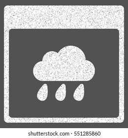 Rain Cloud Calendar Page grainy textured icon for overlay watermark stamps. Flat symbol with scratched texture. Dotted vector white ink rubber seal stamp with grunge design on a gray background.