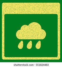 Rain Cloud Calendar Page grainy textured icon for overlay watermark stamps. Flat symbol with dust texture. Dotted vector yellow ink rubber seal stamp with grunge design on a green background.