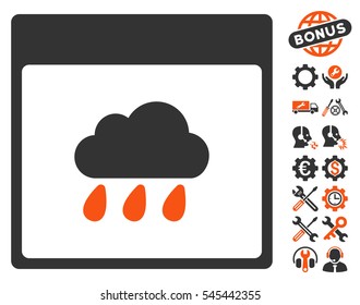Rain Cloud Calendar Page icon with bonus setup tools clip art. Vector illustration style is flat iconic symbols, orange and gray, white background.