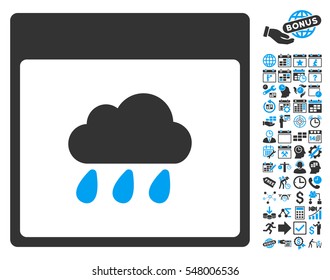 Rain Cloud Calendar Page icon with bonus calendar and time management clip art. Vector illustration style is flat iconic symbols, blue and gray, white background.