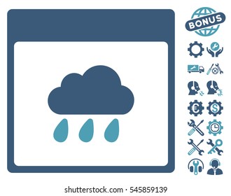 Rain Cloud Calendar Page pictograph with bonus configuration icon set. Vector illustration style is flat iconic symbols, cyan and blue, white background.