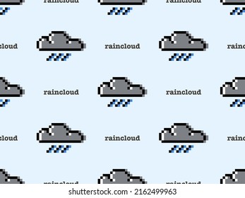 Rain cloud cartoon character seamless pattern on blue background. Pixel style