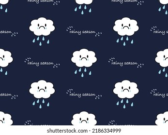 Rain cloud cartoon character seamless pattern on blue background. Pixel style