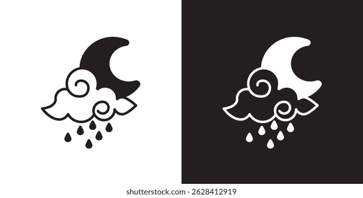Rain cloud and crescent moon icon. Flat icon of moon and watery clouds depicting nighttime rainy weather.  Cloud vector illustration icon in transparent and black background.