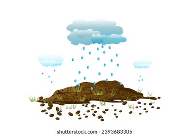 Rain of cloud falling on pile soil with grass. Arid earth, young plant and water drops. Little lawn growing in soil and watered by rain drops. Water shortage and drought. Nature. Vector illustration