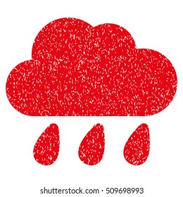 Rain Cloud grainy textured icon for overlay watermark stamps. Flat symbol with dust texture. Dotted vector red ink rubber seal stamp with grunge design on a white background.
