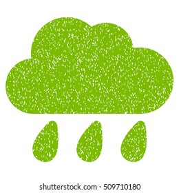 Rain Cloud grainy textured icon for overlay watermark stamps. Flat symbol with scratched texture. Dotted vector eco green ink rubber seal stamp with grunge design on a white background.