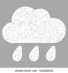 Rain Cloud grainy textured icon for overlay watermark stamps. Flat symbol with scratched texture. Dotted vector white ink rubber seal stamp with grunge design on a silver background.