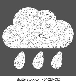 Rain Cloud grainy textured icon for overlay watermark stamps. Flat symbol with dirty texture. Dotted vector white ink rubber seal stamp with grunge design on a gray background.