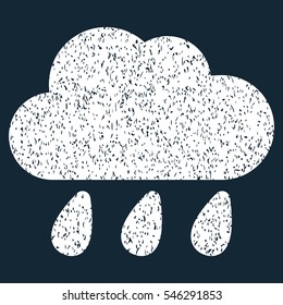 Rain Cloud grainy textured icon for overlay watermark stamps. Flat symbol with unclean texture. Dotted vector white ink rubber seal stamp with grunge design on a dark blue background.