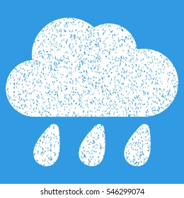 Rain Cloud grainy textured icon for overlay watermark stamps. Flat symbol with unclean texture. Dotted vector white ink rubber seal stamp with grunge design on a blue background.