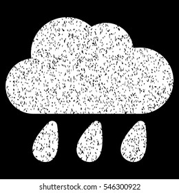 Rain Cloud grainy textured icon for overlay watermark stamps. Flat symbol with unclean texture. Dotted vector white ink rubber seal stamp with grunge design on a black background.