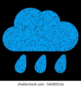 Rain Cloud grainy textured icon for overlay watermark stamps. Flat symbol with scratched texture. Dotted vector blue ink rubber seal stamp with grunge design on a black background.