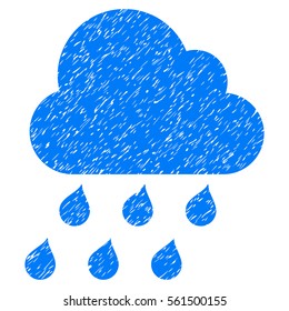 Rain Cloud grainy textured icon for overlay watermark stamps. Flat symbol with scratched texture. Dotted vector blue ink rubber seal stamp with grunge design on a white background.
