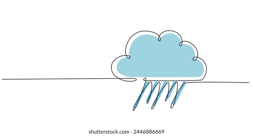 Rain and cloud - hand drawing one single continuous line banner. Vector stock illustration isolated on white background for design template weather forecast, travel blog. Editable stroke. EPS10