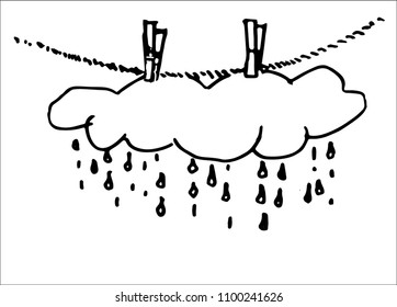 rain cloud  hanging on a clothesline,funny doodle illustration.