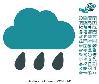 Rain Cloud icon with bonus calendar and time management images. Vector illustration style is flat iconic symbols, soft blue colors, white background.