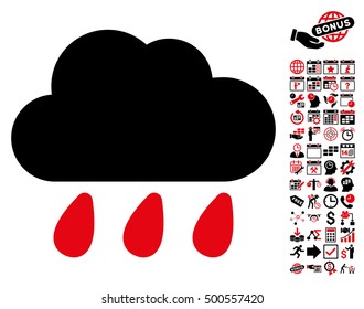 Rain Cloud icon with bonus calendar and time service design elements. Vector illustration style is flat iconic symbols, intensive red and black colors, white background.