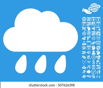 Rain Cloud icon with bonus calendar and time service pictograph collection. Vector illustration style is flat iconic symbols, white color, blue background.