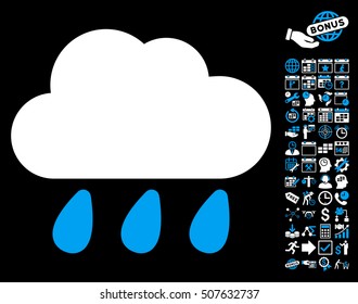 Rain Cloud icon with bonus calendar and time service pictograph collection. Vector illustration style is flat iconic symbols, blue and white colors, black background.
