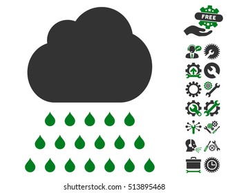 Rain Cloud icon with bonus configuration symbols. Vector illustration style is flat iconic green and gray symbols on white background.