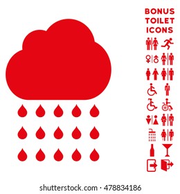 Rain Cloud icon and bonus gentleman and lady WC symbols. Vector illustration style is flat iconic symbols, red color, white background.