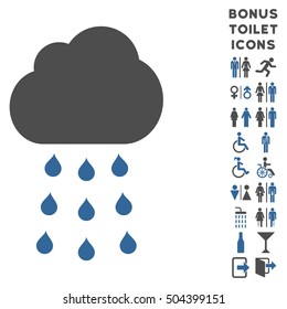 Rain Cloud icon and bonus gentleman and woman lavatory symbols. Vector illustration style is flat iconic bicolor symbols, cobalt and gray colors, white background.