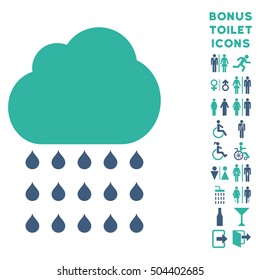 Rain Cloud icon and bonus gentleman and female WC symbols. Vector illustration style is flat iconic bicolor symbols, cobalt and cyan colors, white background.