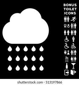 Rain Cloud icon and bonus gentleman and lady WC symbols. Vector illustration style is flat iconic symbols, white color, black background.