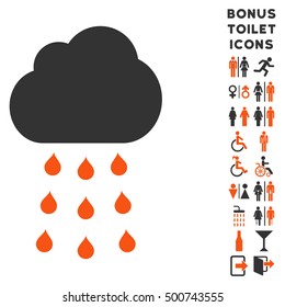 Rain Cloud icon and bonus man and woman toilet symbols. Vector illustration style is flat iconic bicolor symbols, orange and gray colors, white background.