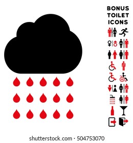 Rain Cloud icon and bonus man and woman toilet symbols. Vector illustration style is flat iconic bicolor symbols, intensive red and black colors, white background.