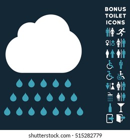 Rain Cloud icon and bonus man and lady restroom symbols. Vector illustration style is flat iconic bicolor symbols, blue and white colors, dark blue background.