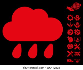 Rain Cloud icon with bonus options graphic icons. Vector illustration style is flat iconic symbols, red color, black background.