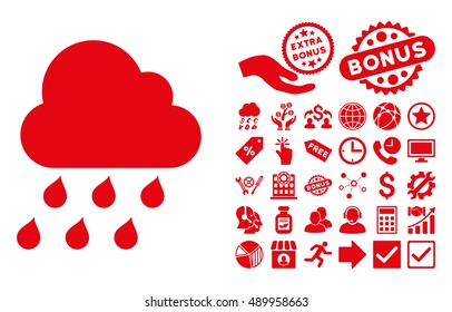 Rain Cloud icon with bonus pictures. Vector illustration style is flat iconic symbols, red color, white background.