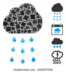 Rain cloud icon composition of trembly parts in various sizes and shades, based on rain cloud icon. Vector uneven pieces are combined into collage. Rain cloud icons collage with dotted pattern.
