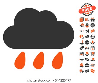 Rain Cloud icon with free bonus clip art. Vector illustration style is flat iconic symbols, orange and gray colors, white background.