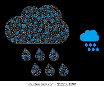 Rain cloud icon and shiny net mesh rain cloud model with sparkle light spots. Illuminated model is done from rain cloud vector icon and triangulated mesh. Illuminated carcass rain cloud,