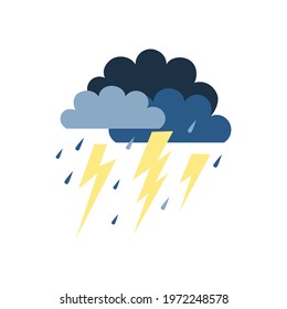 A rain cloud with lightning and raindrops. Lightning and thunderstorm icon. Vector flat illustration