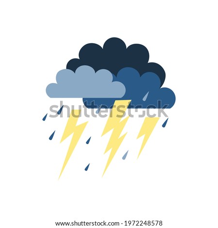 A rain cloud with lightning and raindrops. Lightning and thunderstorm icon. Vector flat illustration