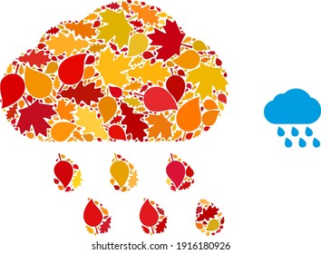 Rain Cloud mosaic icon designed for fall season. Vector rain cloud mosaic is formed from randomized fall maple and oak leaves. Mosaic autumn leaves in bright gold, brown and red colors.