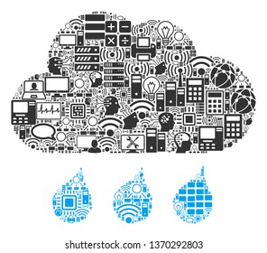 Rain Cloud mosaic icon organized for bigdata and computing illustrations. Vector rain cloud mosaics are organized from computer, calculator, connections, wi-fi, network,