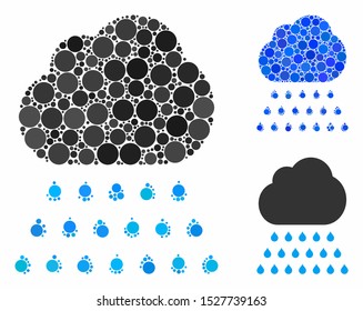 Rain cloud mosaic of round dots in different sizes and color tones, based on rain cloud icon. Vector round dots are united into blue mosaic. Dotted rain cloud icon in usual and blue versions.