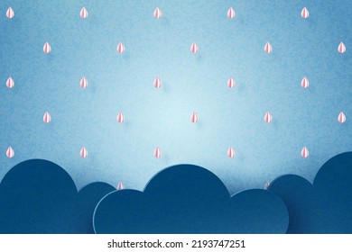 Lluvia y nube sobre fondo azul del cielo. Temporada de lluvias, recorte de papel de la plantilla de banner de venta del monzón. Ilustración vectorial.